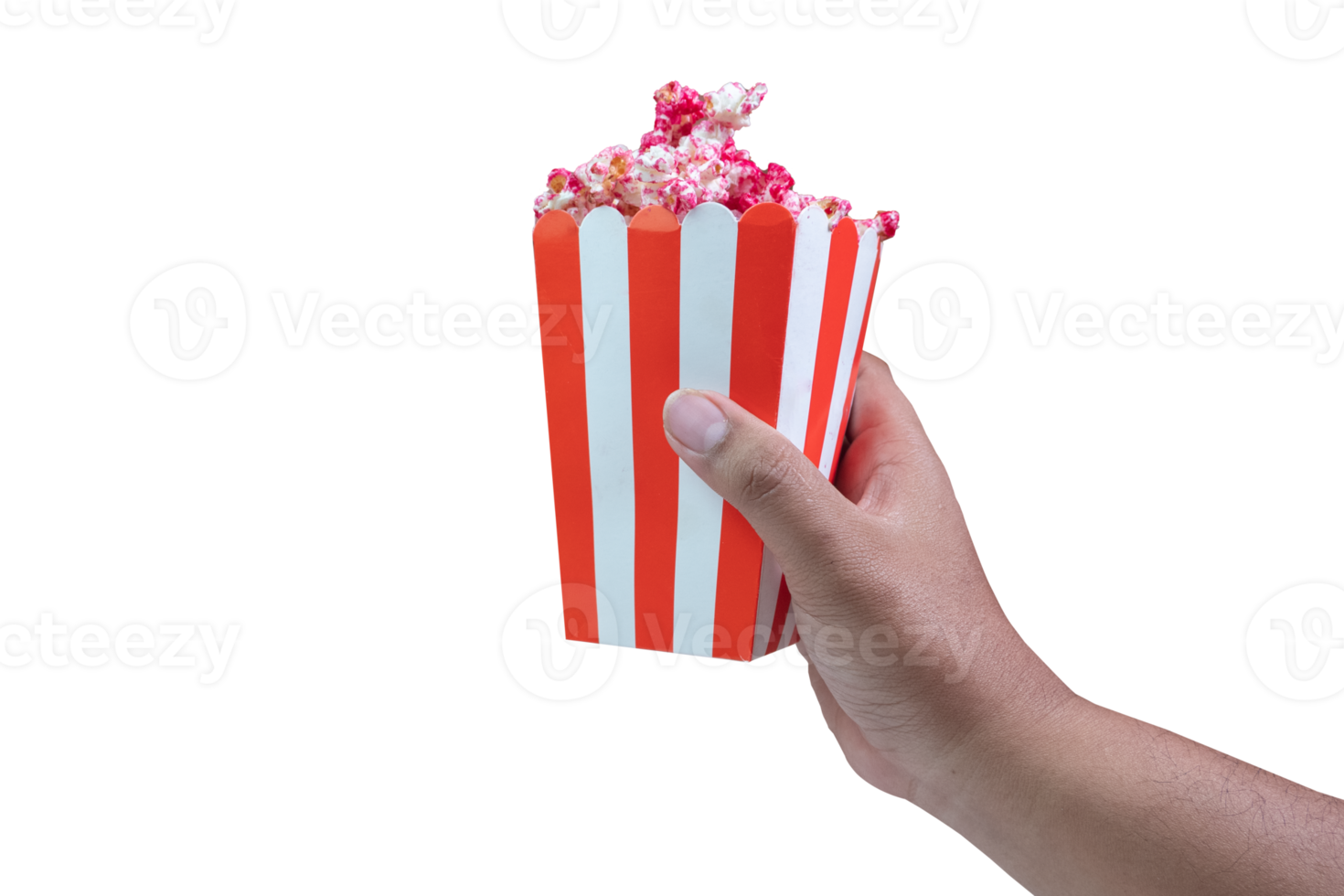 selective focus on the hand holding a pop corn box, red pop corn with strawberry caramel flavor, soft focus png