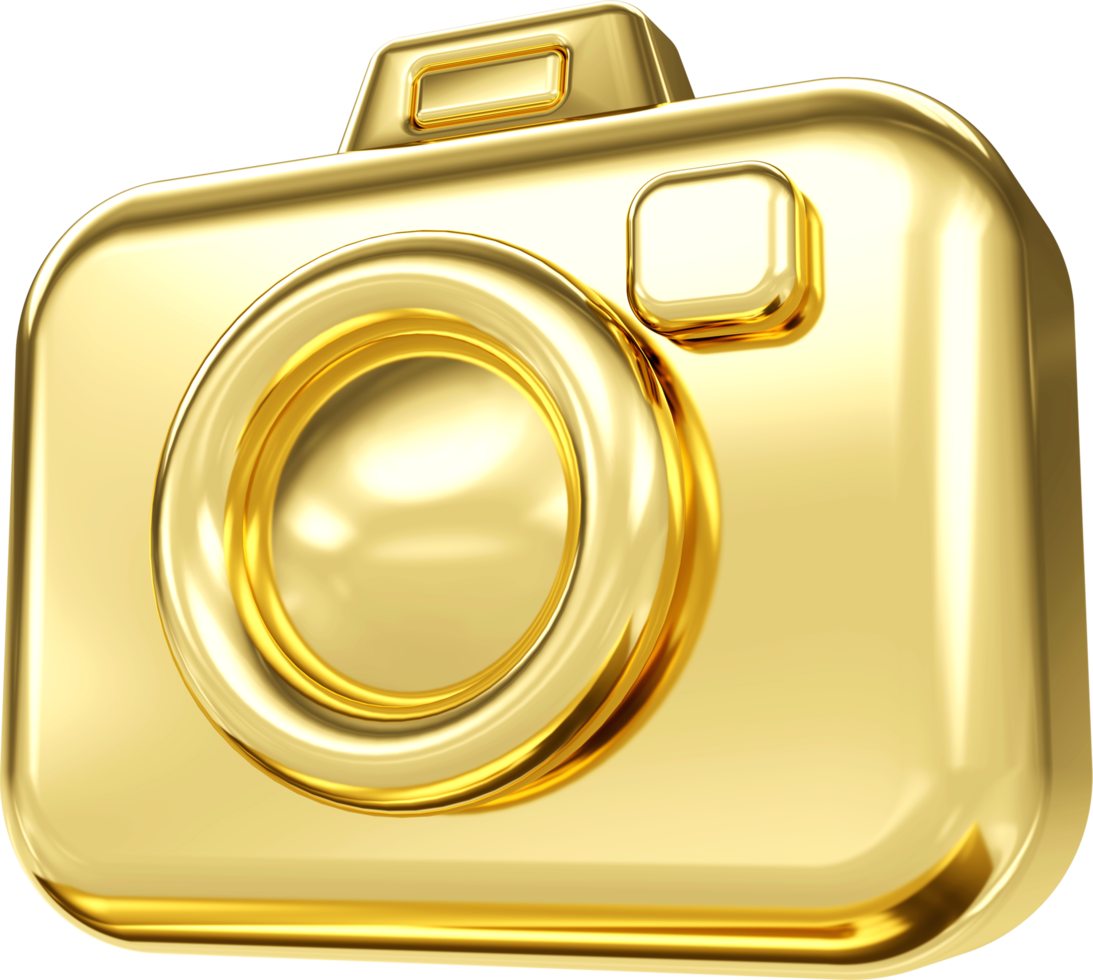 Gold Foto Kamera 3d Symbol. 3d einfach Gold Kamera mit Linse Symbol. Konzept Technologie und Schnappschuss Fotografie. 3d Rendern png