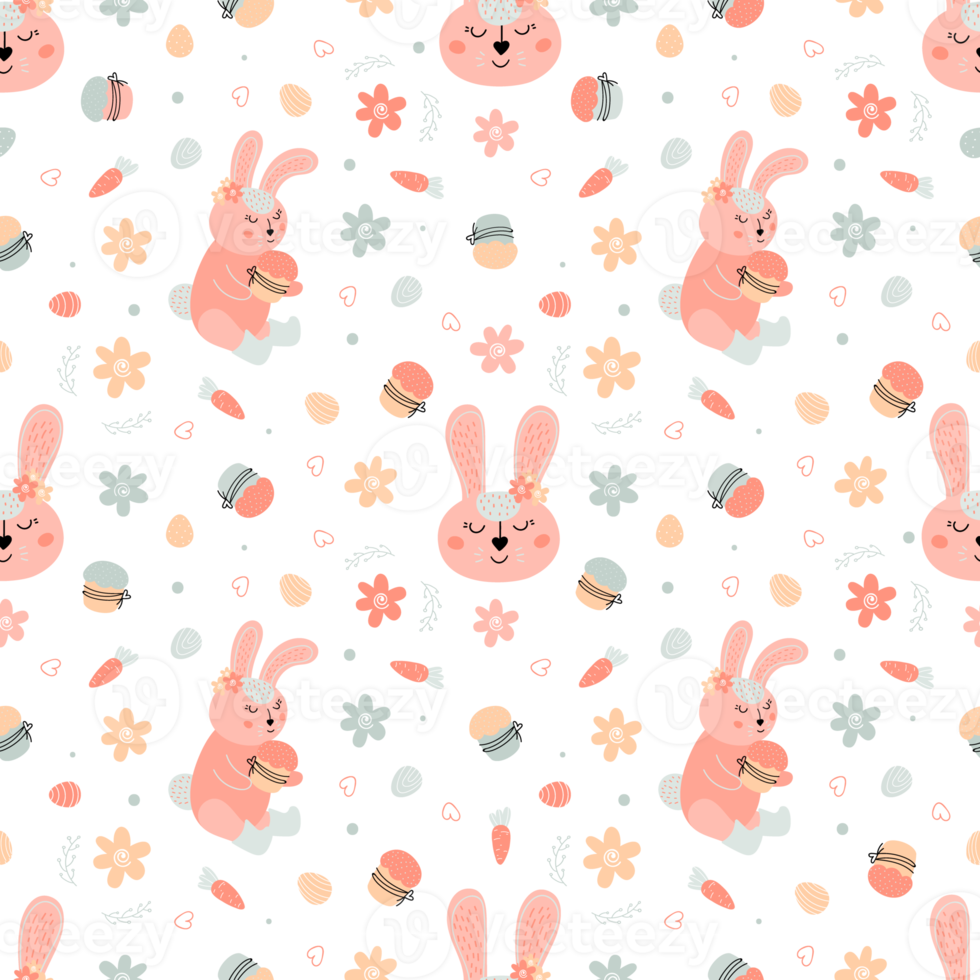 Easter festive seamless pattern with rabbits, cakes, eggs, willow png