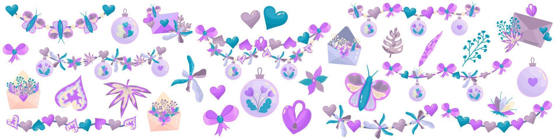 Valentines Day garland, envelope set with heart and daisy isolated. Cartoon vector illustration. Valentine party flags. February love day greeting hearts garland. White background.