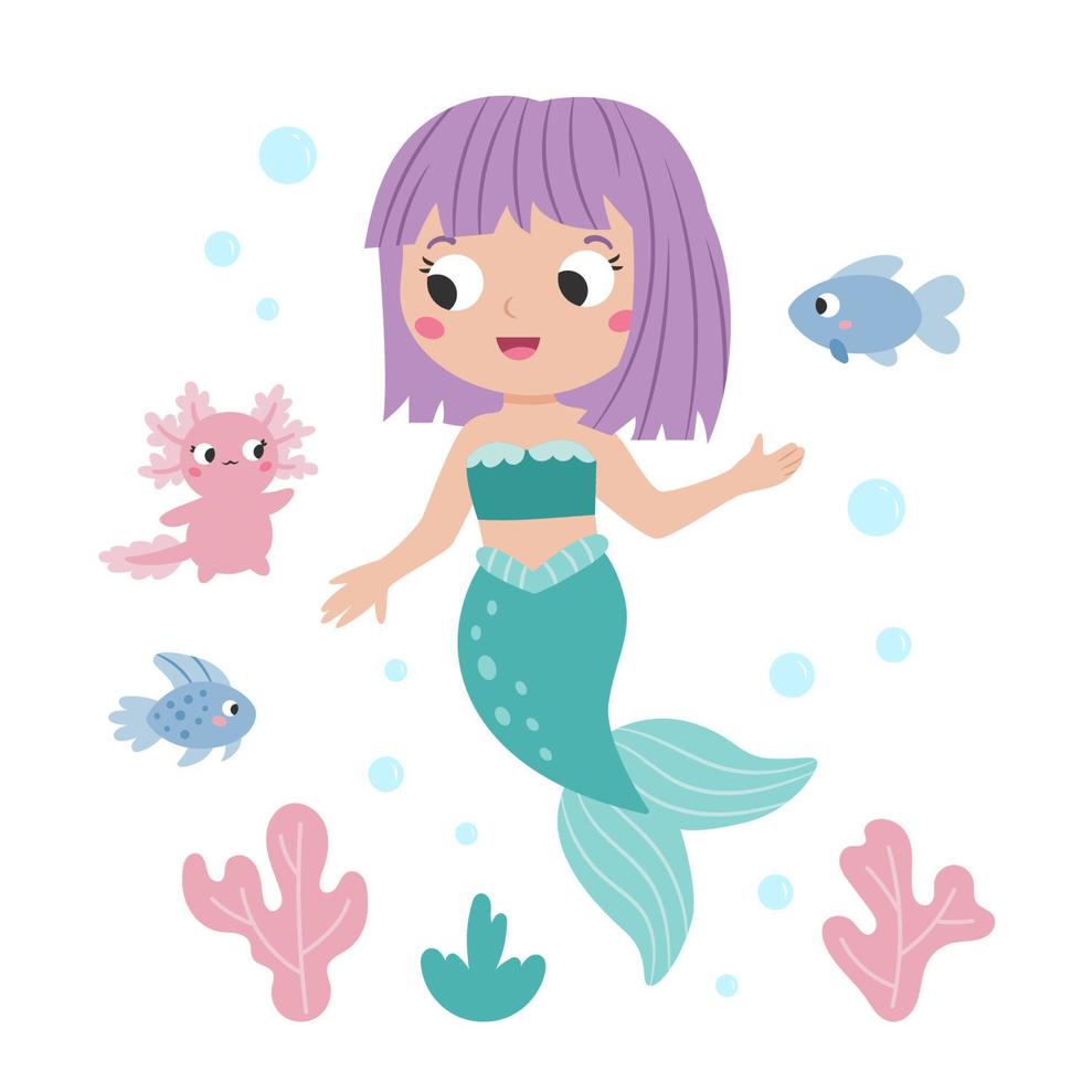 Little cute mermaid on white background. Funny fishes and axolotl. Mermaid with purple hair. Cartoon children's style. Fairy tale. Flat vector illustration.