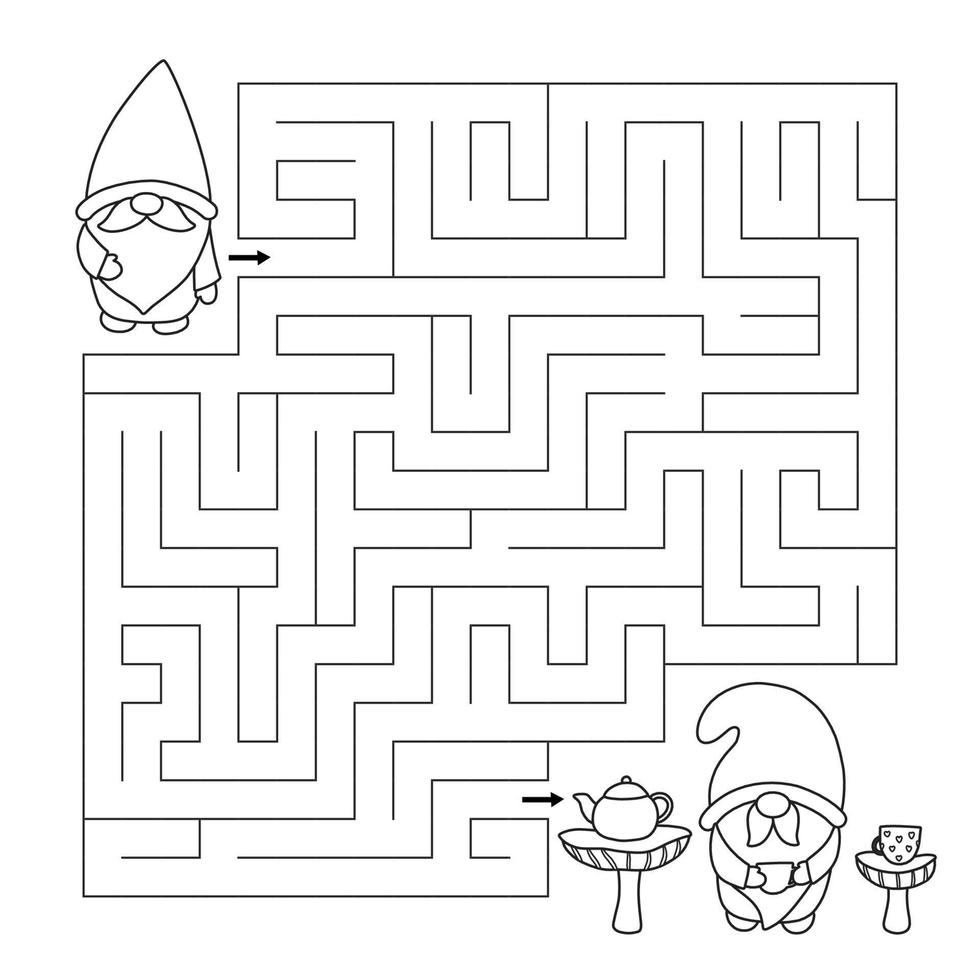 Maze game with cute gnomes. Help the gnome find right way to his friend. Tea time. Educational puzzle for children. Activity page. Coloring page with labyrinth. Vector illustration