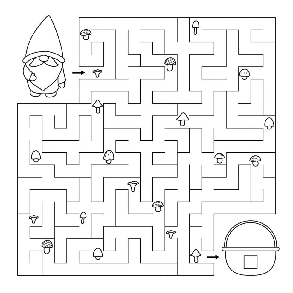 Coloring page with maze game. Help the gnome find right way and collect all mushrooms. Educational puzzle for preschool and school kids. Vector illustration
