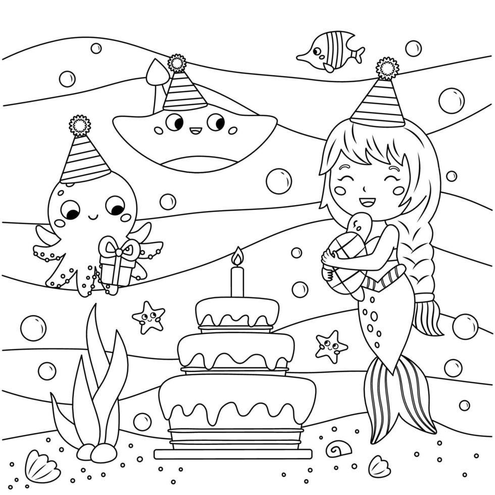 Birthday coloring page with cute mermaid, stingray and octopus. Underwater life. Fairy tale characters. Birthday cake. Outline vector illustration for coloring book.