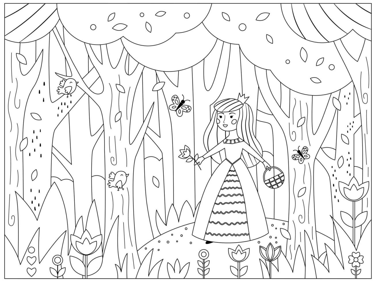 Coloring page with princess. Fairy tale cartoon character. Forest background. Cute birds and butterfly. Vector illustration for coloring book