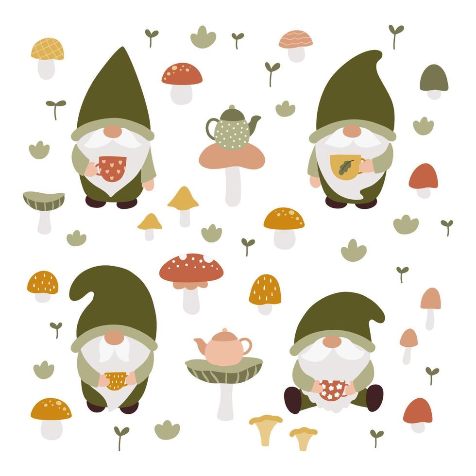 jardín gnomos con tazas. té tiempo. mano dibujado hongos. hada cuento dibujos animados caracteres. vector ilustración.