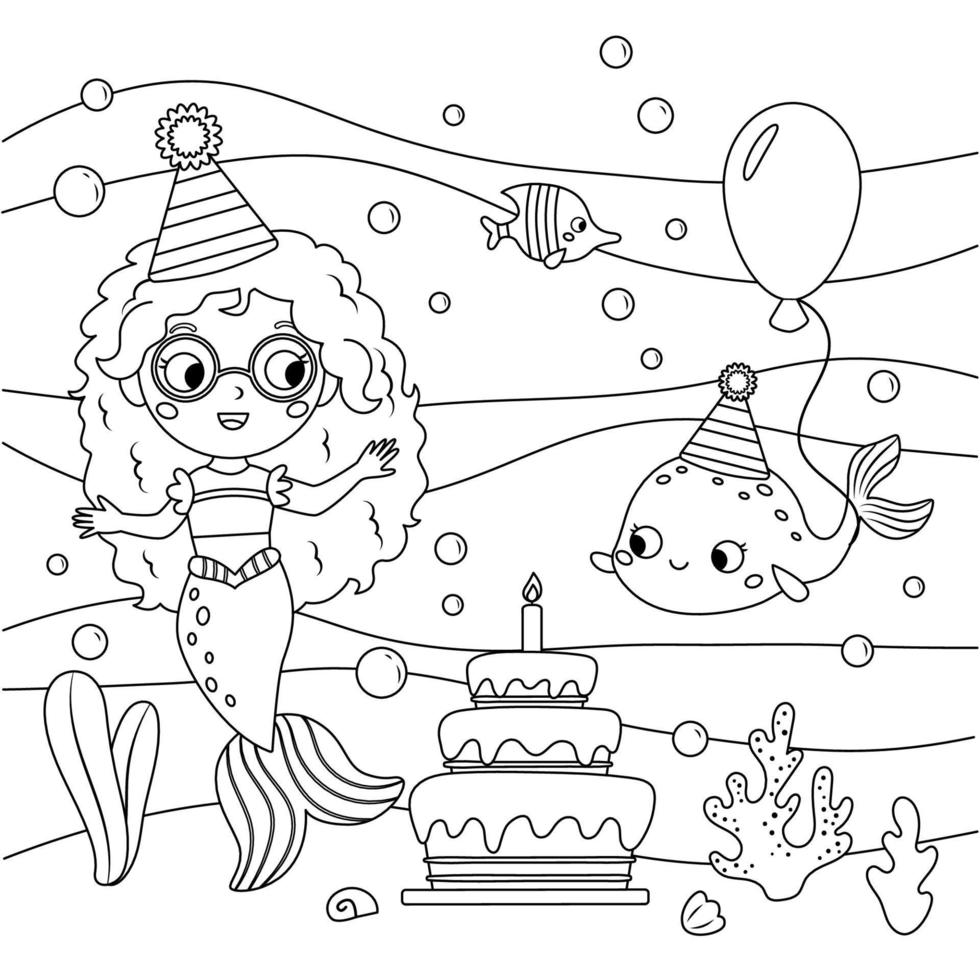 Birthday coloring page with mermaid and fish. Underwater. Cute cartoon characters. Fairy tale. Black and white vector illustration.