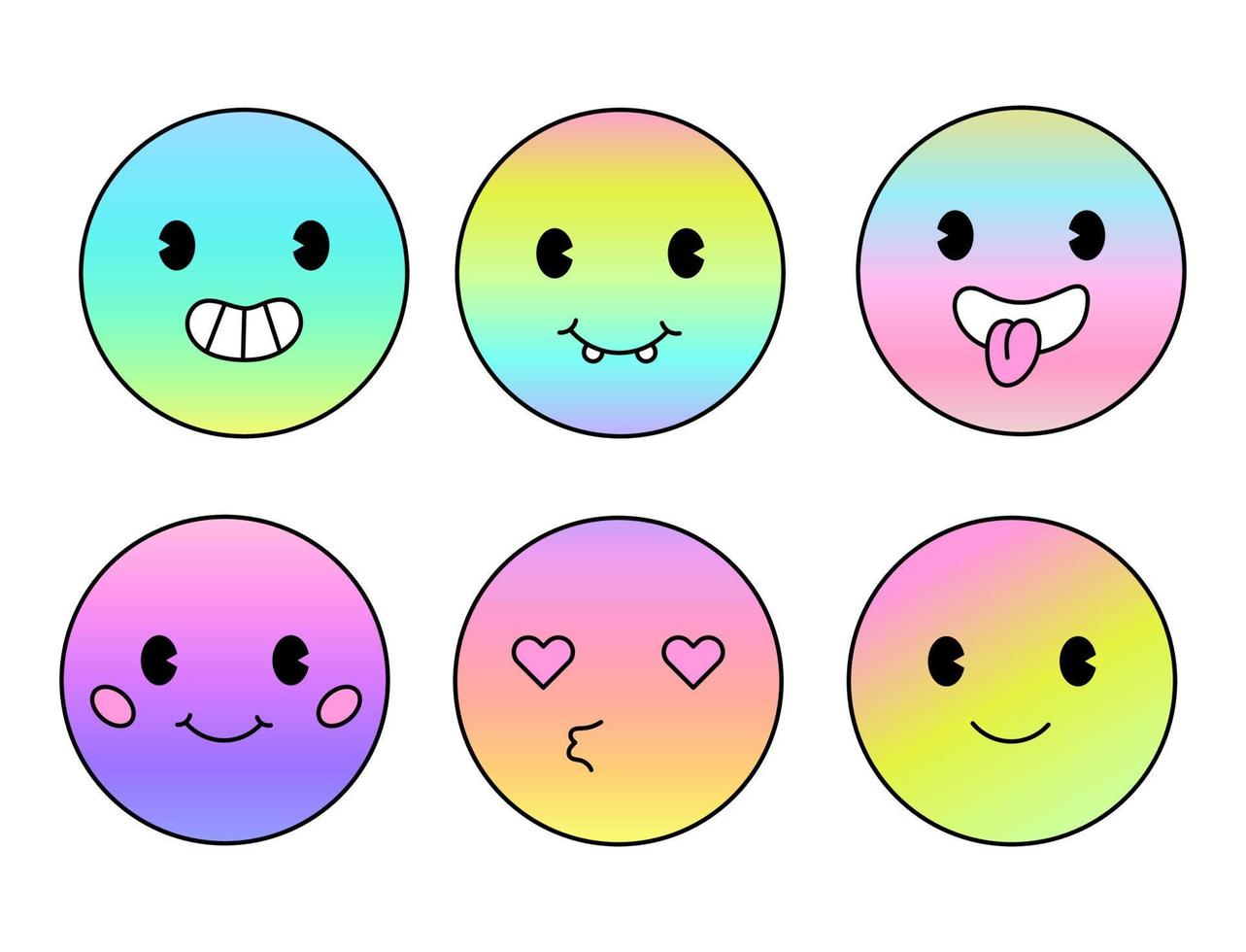 Trendy smile happy stickers with different emotions. Paste gradient colors. Retro cartoon characters. Vector illustration