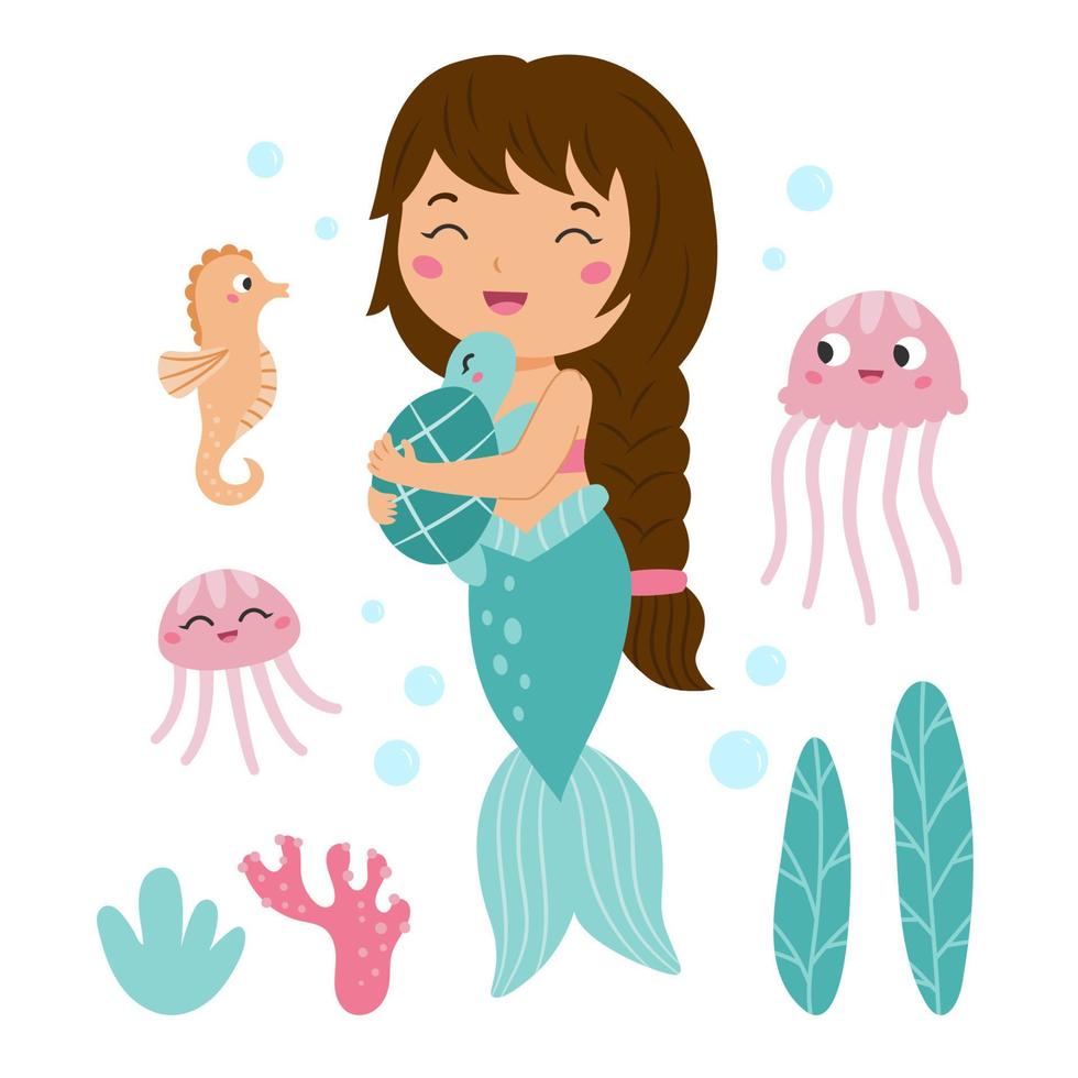 Little mermaid hug turtle. Funny seahorse and jellyfish. Fairy tale. Friendship. Hand drawn seaweeds and corals. Underwater life. Cartoon children's style. Flat vector illustration.