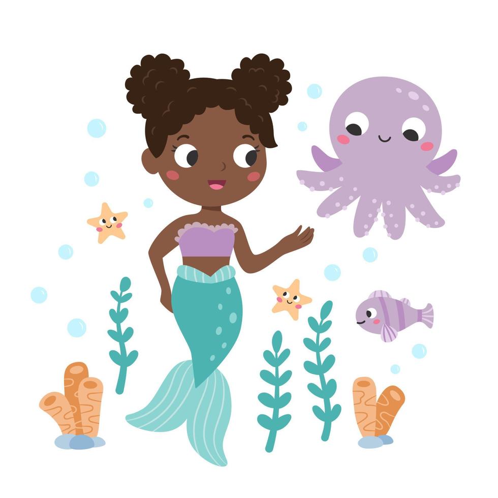 Beautiful mermaid with octopus, fish and starfish. Cute fairy tale characters. Underwater life. Cartoon children's style. Flat vector illustration
