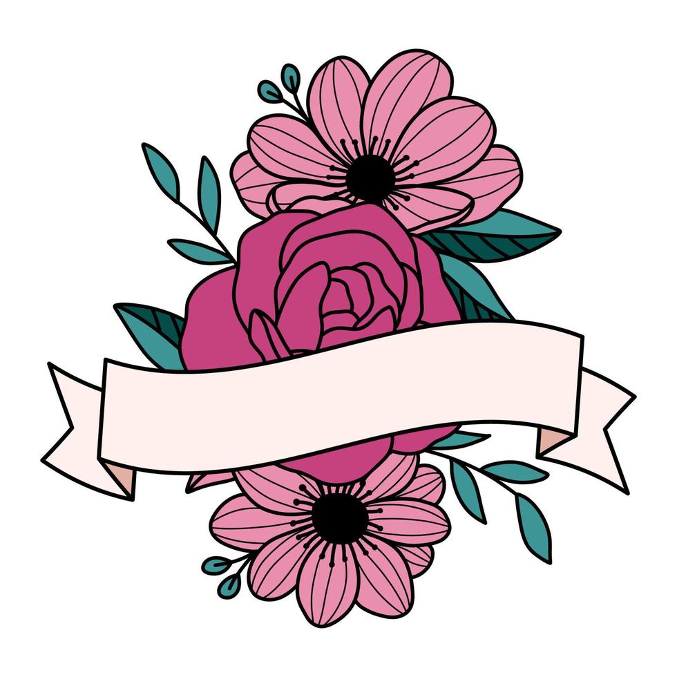 Hand drawn doodle flowers with ribbon. Place for text. Tattoo style. Vector illustration