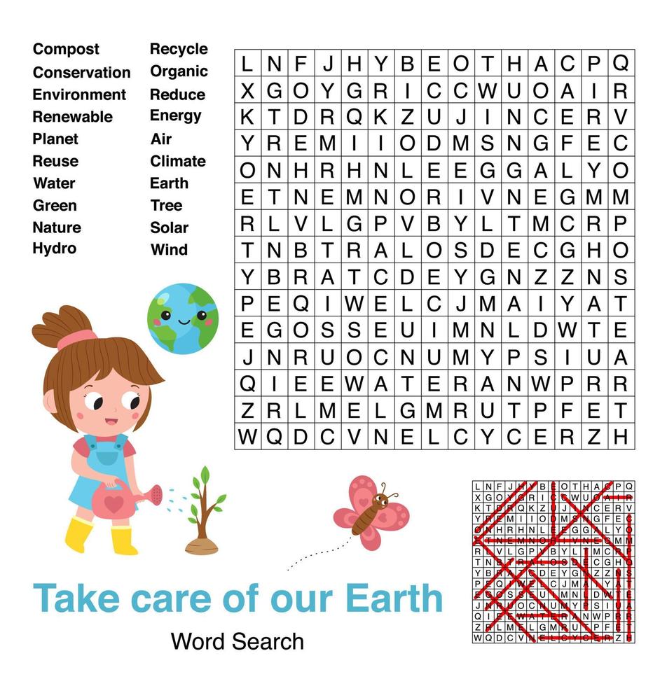 Word search game. Earth day theme. Educational puzzle for kids. Learn English. Zero waste. Activity page for children. Vector illustration