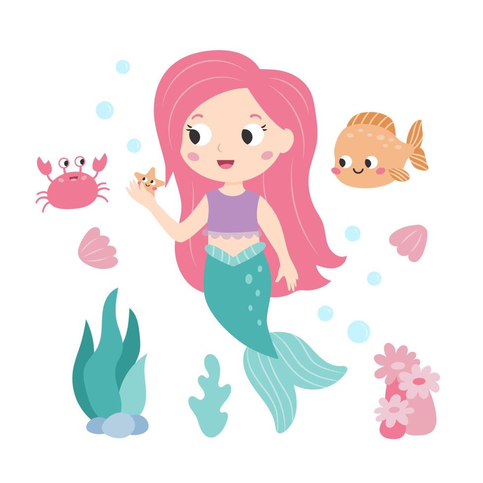 Little mermaid with cute crab and fish on white background. Fairy tale. Cartoon children's style. Mermaid with pink hair. Flat vector illustration.