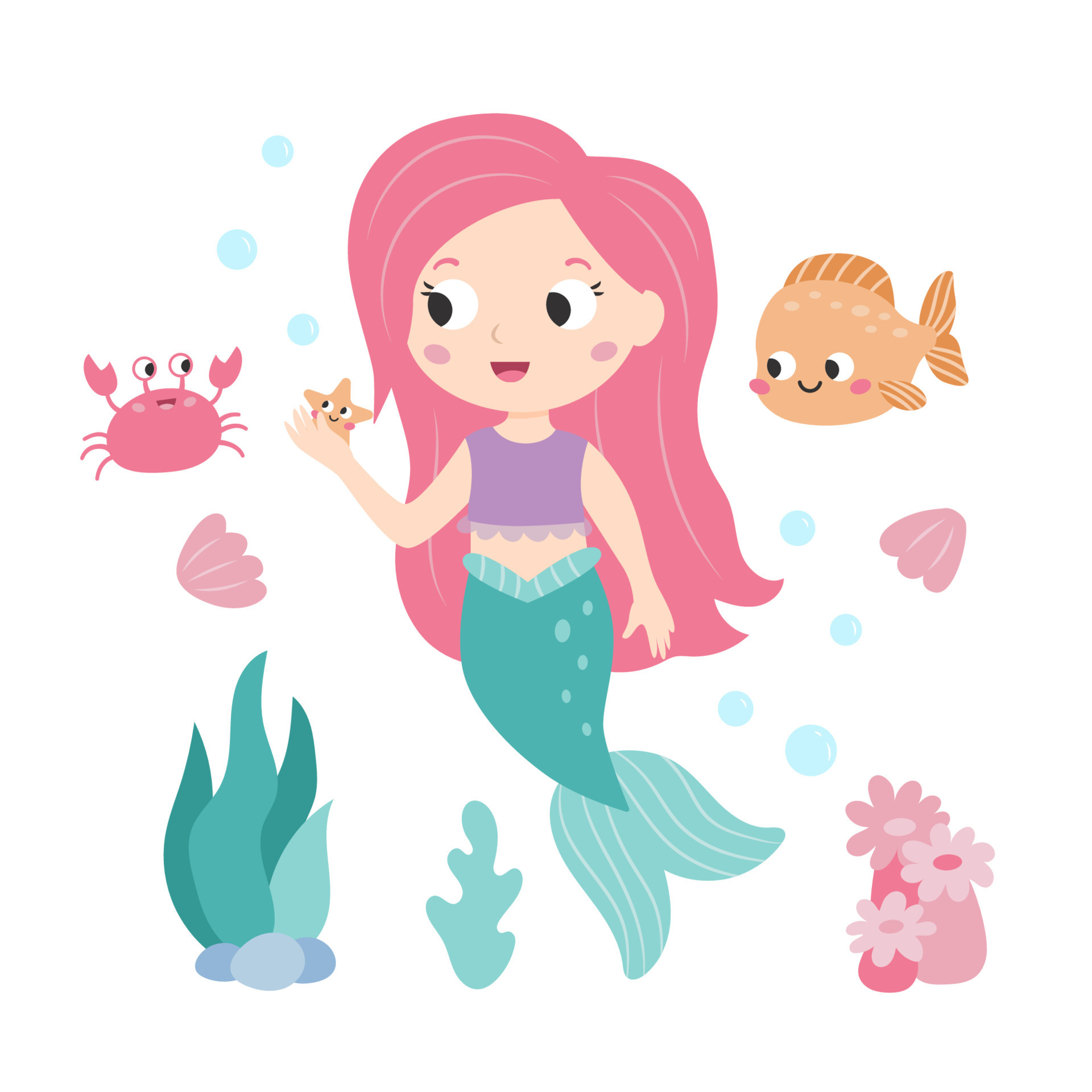 pequeño sirena con linda cangrejo y pescado en blanco antecedentes