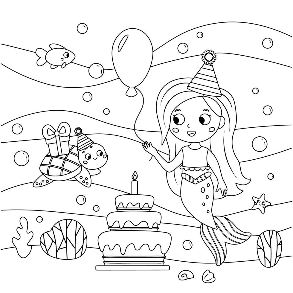 Birthday coloring page with cute mermaid, turtle, fish and seaweeds plants. Cartoon kawaii characters. Fairy tale. Black and white vector illustration for coloring book.
