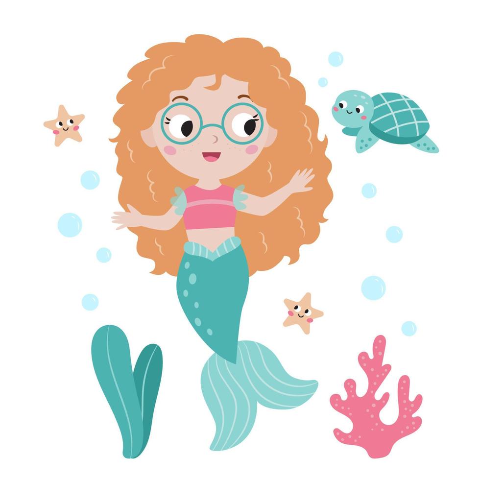 Cute mermaid with turtle, starfish and underwater plants. Flat cartoon characters. Hand drawn seaweeds and coral. Vector illustration for children books, greeting cards, poster and prints.