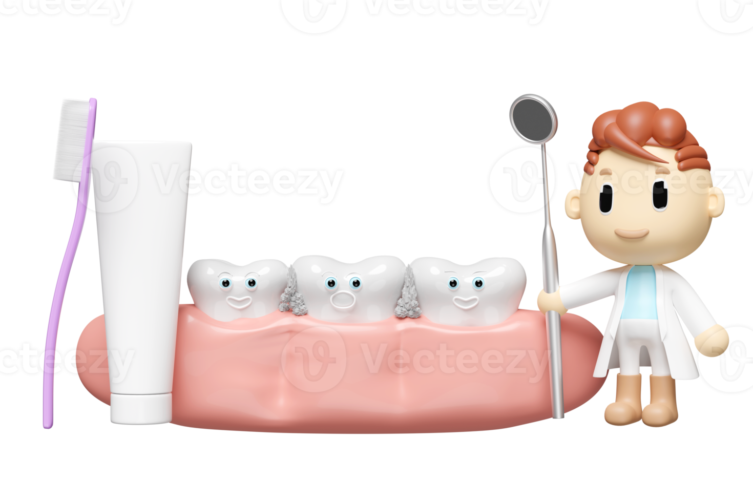 miniatyr- tecknad serie karaktär tandläkare 3d med tandläkare spegel, tandborste, tandkött, dental molar, kolla upp för hålrum, dental undersökning av de tandläkare, hälsa av vit tänder, oral vård 3d framställa png