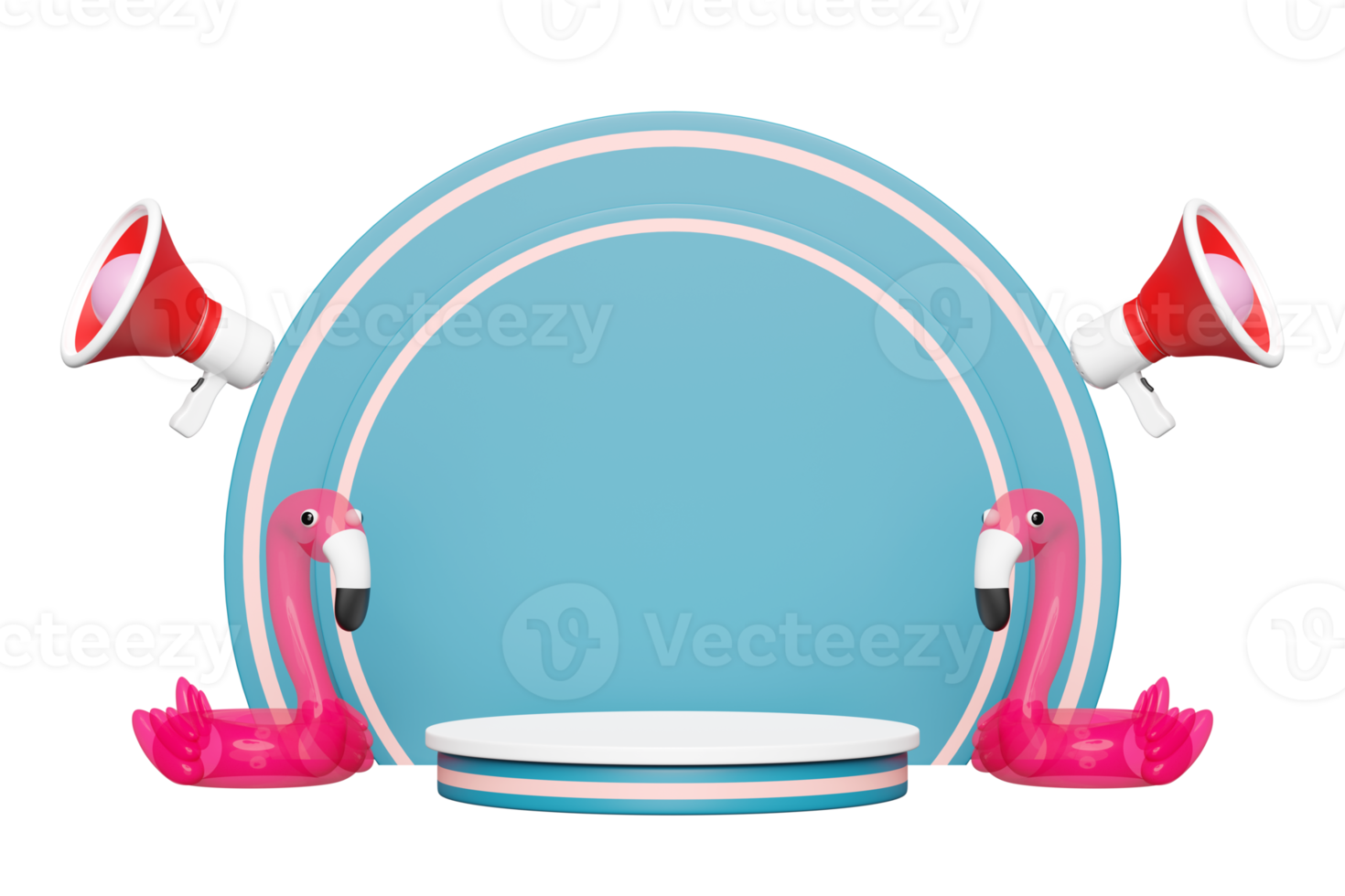 3d pink cylinder stage podium empty with megaphone, inflatable flamingo, abstract geometric cosmetic showcase pedestal, announce promotion news, minimal modern scene, 3d render png