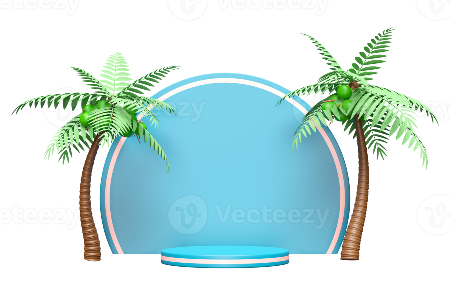 3d blue cylinder stage podium empty with coconut palm tree isolated. modern stage display, minimalist mockup, abstract showcase background. Concept  3d render illustration png