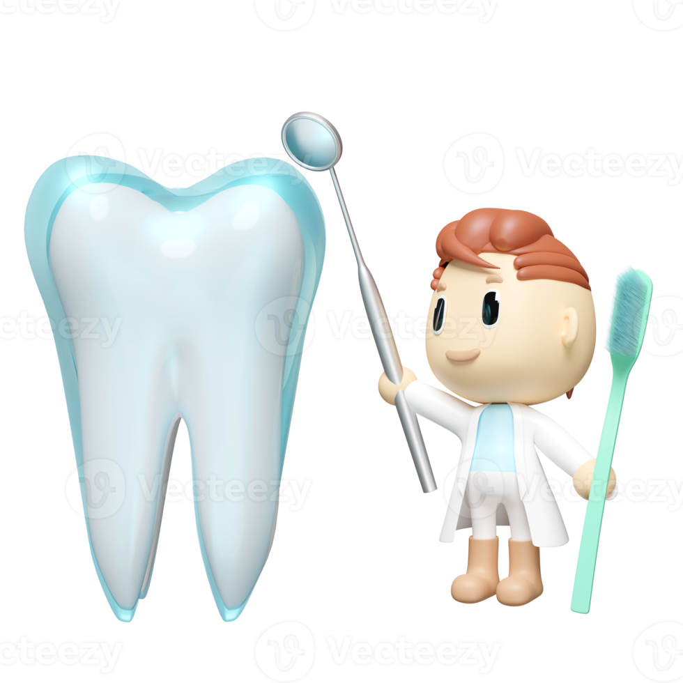 3d miniature cartoon character dentist with dentist mirror, toothbrush, dental molar isolated. check for cavities, dental examination of the dentist, health of white teeth, oral care 3d render png