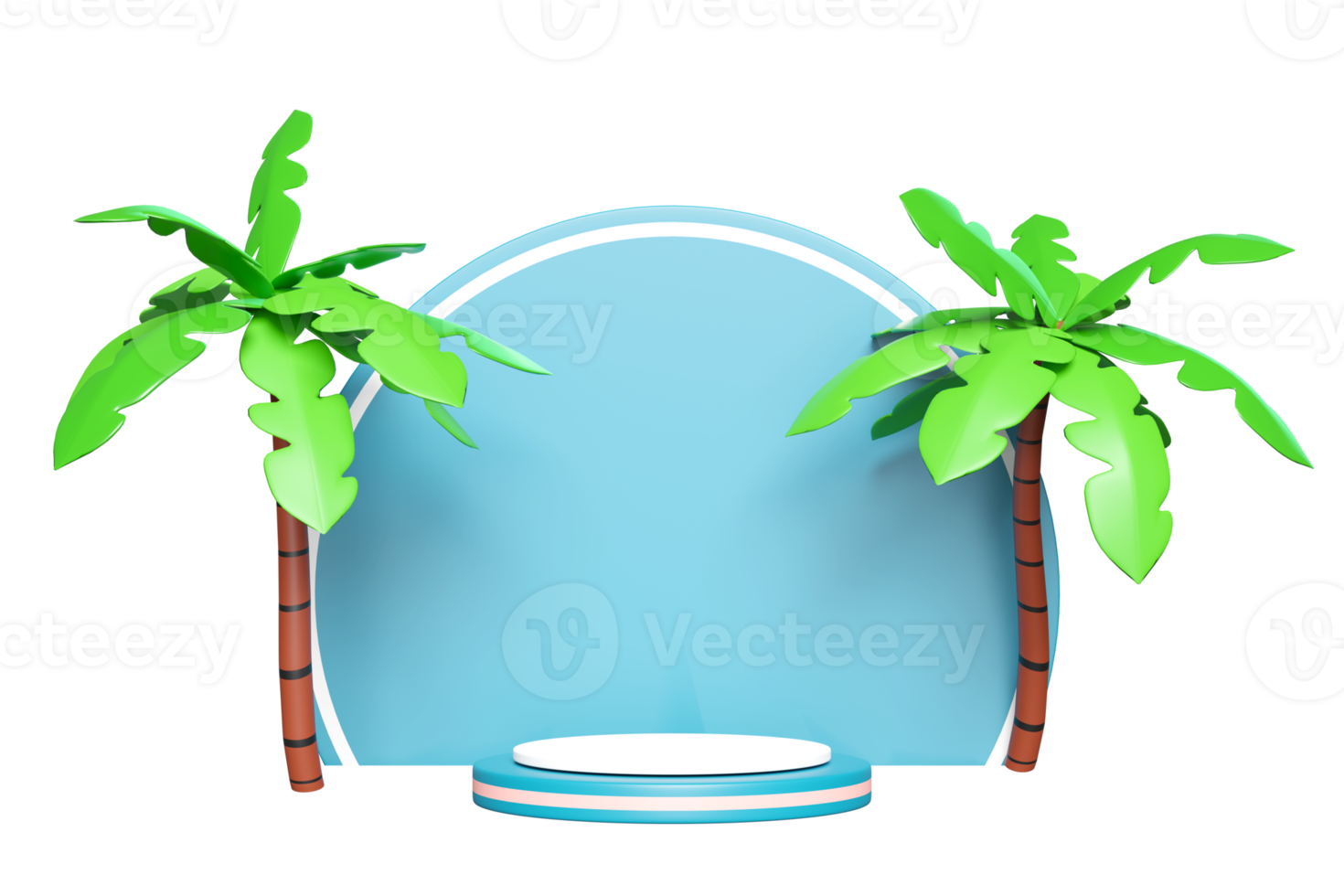 blue cylinder stage podium empty 3d with coconut palm tree isolated. modern stage display, minimalist mockup, abstract showcase background. Concept  3d render illustration png