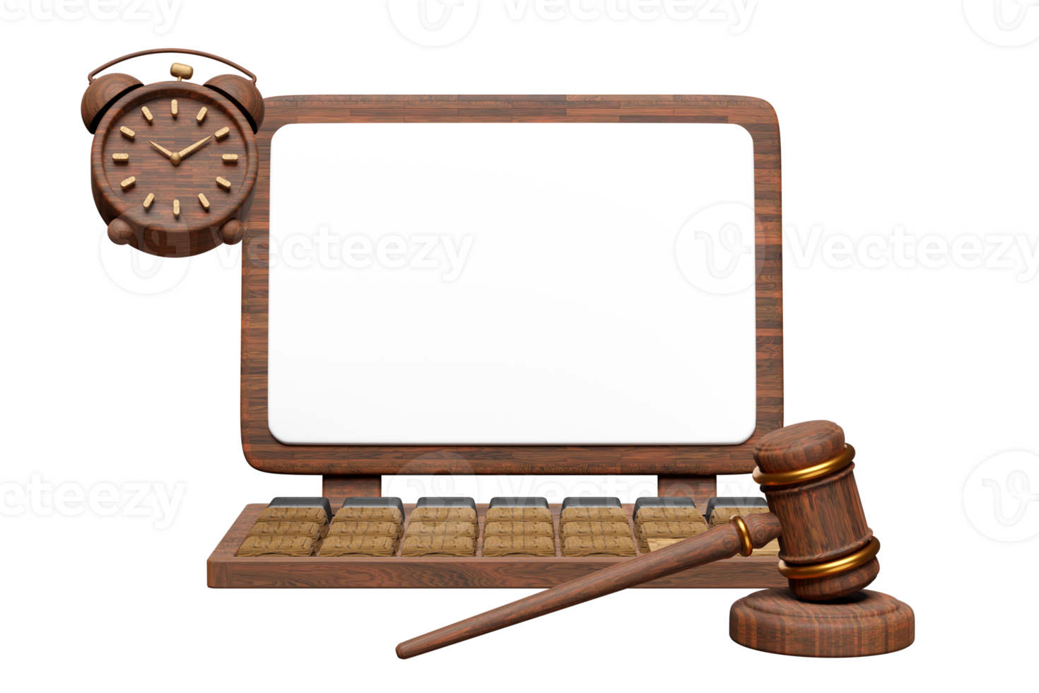 3d wooden laptop with blank computer screen, judge gavel, hammer auction, clock isolated.  template, mockup concept, 3d render illustration png