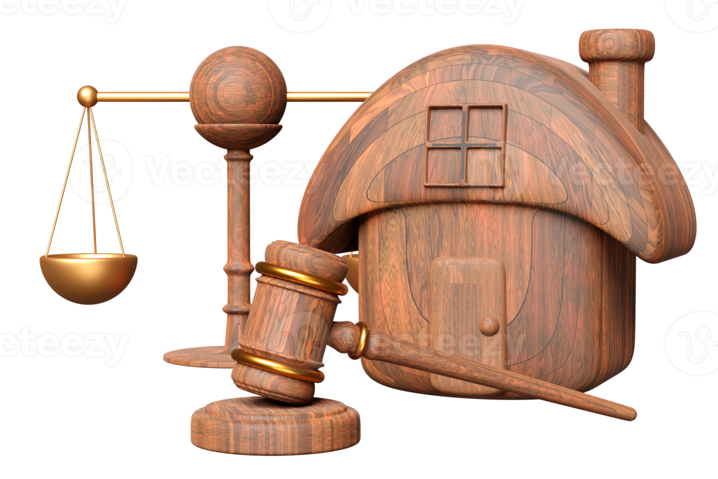 3d de madera juez mazo, martillo subasta con pararse, justicia escamas, madera casa icono aislado. ley, justicia sistema símbolo, subasta casa concepto, 3d hacer ilustración png