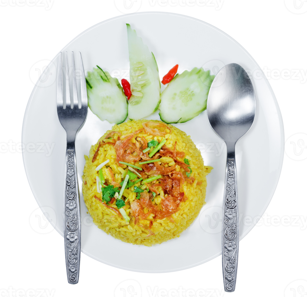 cooked turmeric jasmine rice with fried garlic isolated png