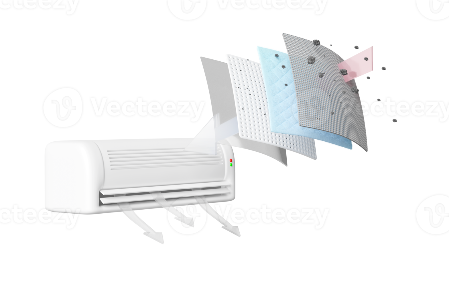 3d air conditioner with air filter layer and ventilate shows, dust filter layer for face mask, air purifier, prevents vapors, odors from chemicals, virus, 3d render illustration png