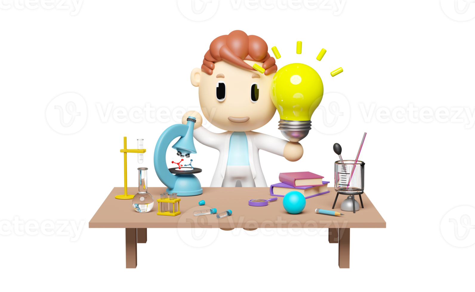 miniature cartoon boy character hand hold light bulb 3d with science experiment kit,  microscope, desk in lab isolated. idea tip education, knowledge creates ideas, elearning concept, 3d render png
