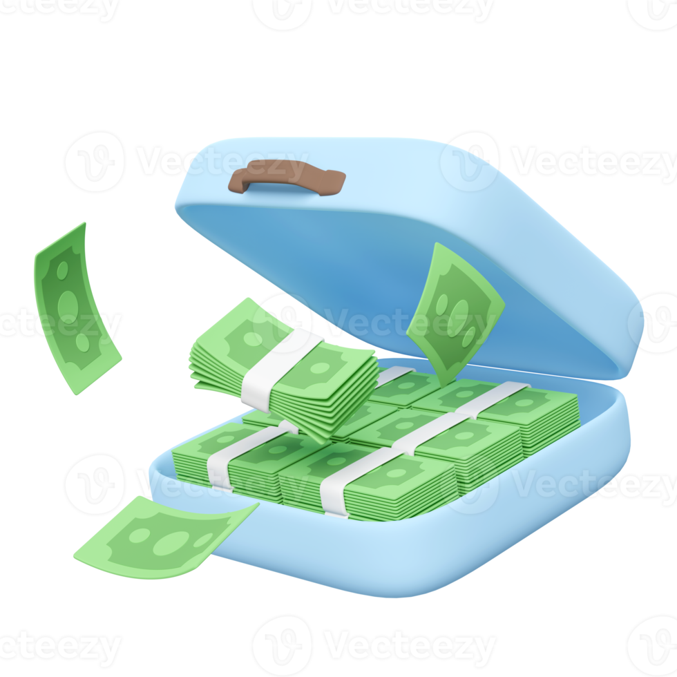 3d mucchio dollaro banconota nel blu valigia isolato. economico movimenti o attività commerciale finanza, prestito concetto, 3d rendere illustrazione png