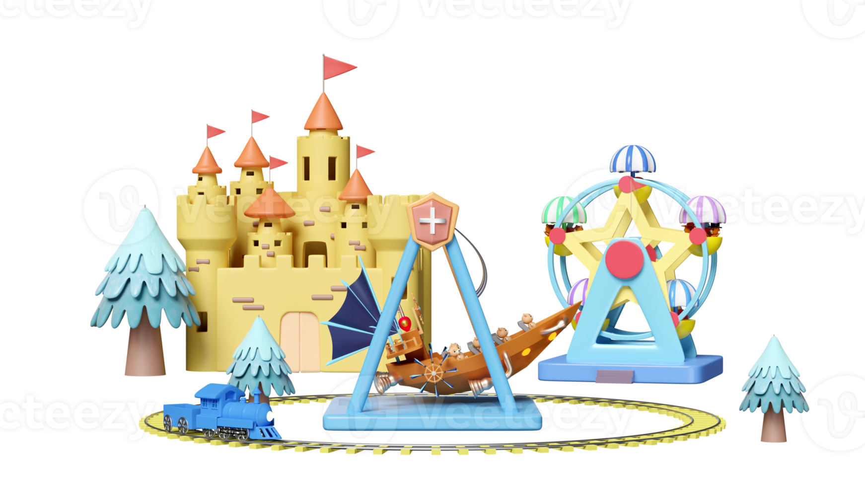 3d amusement park concept with teddy bear viking ship, railroad tracks, ferris wheel, landscape, castle, towers isolated. 3d render illustration png