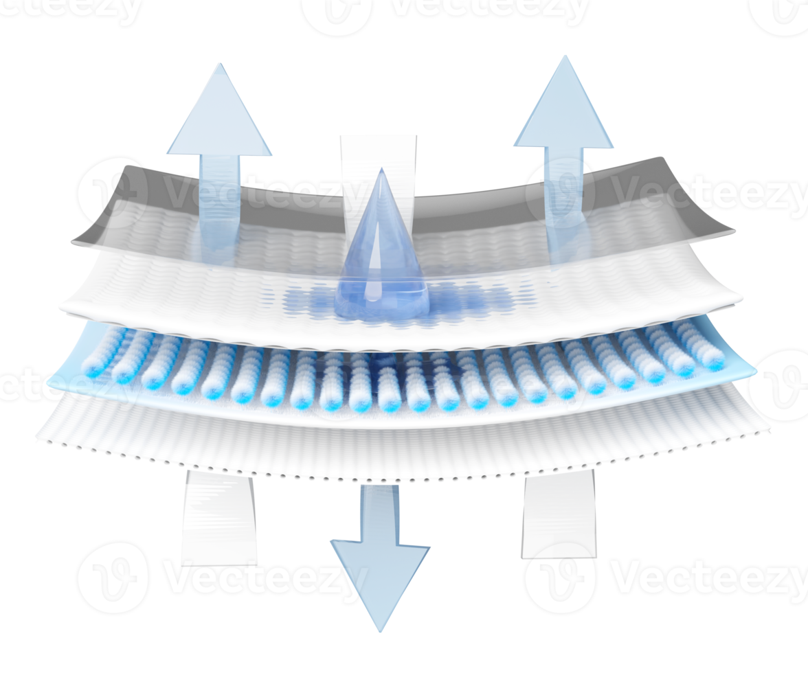 synthetic fiber hair absorbent layer 3d with sanitary napkin, ventilate shows water droplets for diapers, isolated. baby diaper adult concept, 3d render illustration png