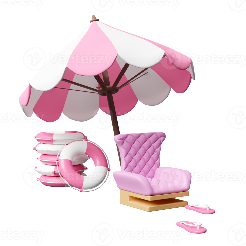 summer sea beach 3d with sofa chair, umbrella, pile of stacked lifebuoy, sandals isolated. summer travel concept, 3d render illustration png