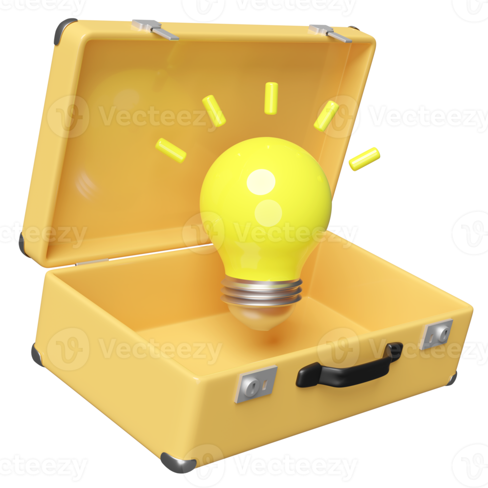 3d yellow open suitcase with light bulb isolated. summer travel, idea tip concept, minimal abstract, 3d render illustration png