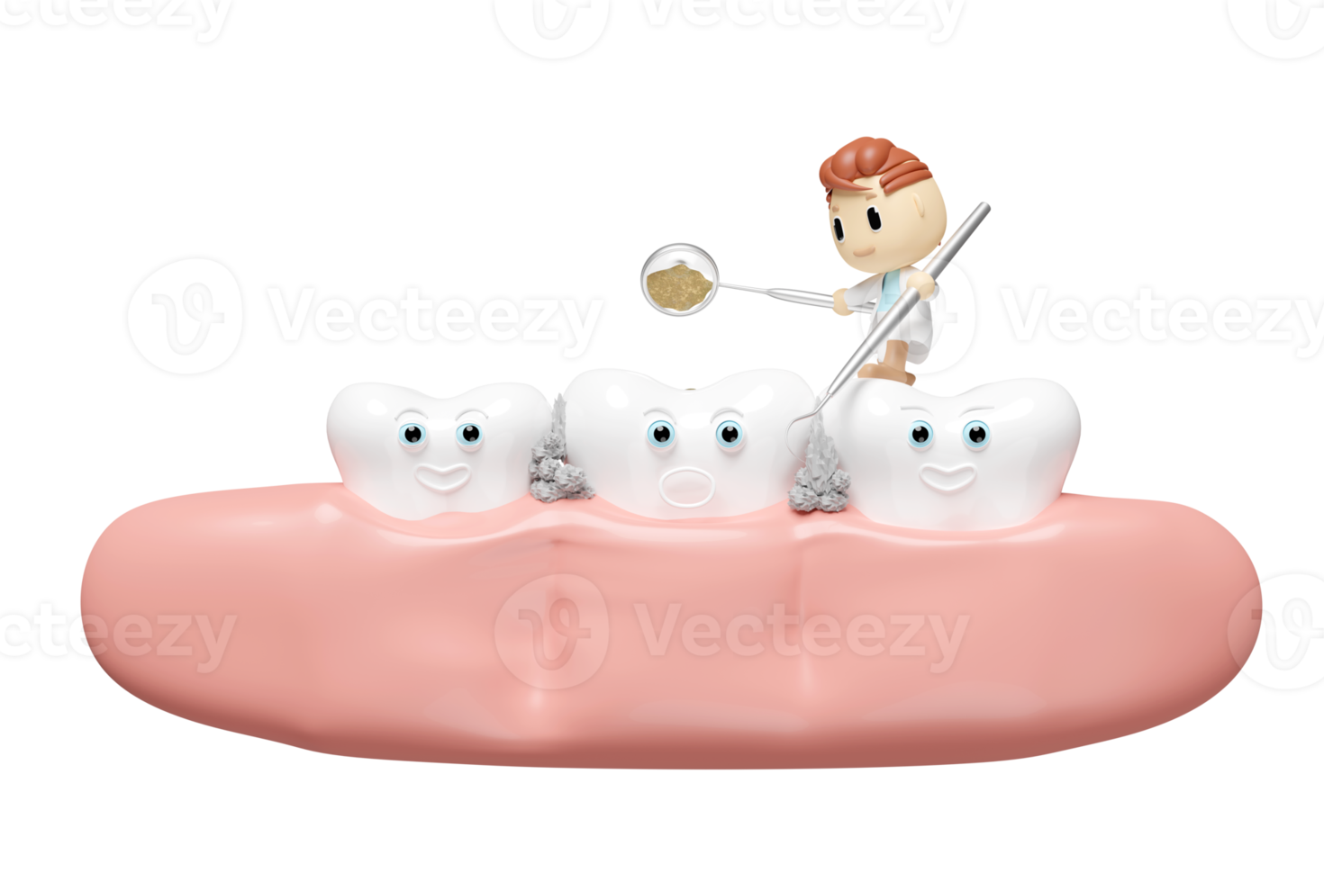 3d miniature cartoon character dentist with dentist mirror, toothbrush, gums, dental molar, check for cavities, dental examination of the dentist, health of white teeth, oral care 3d render png