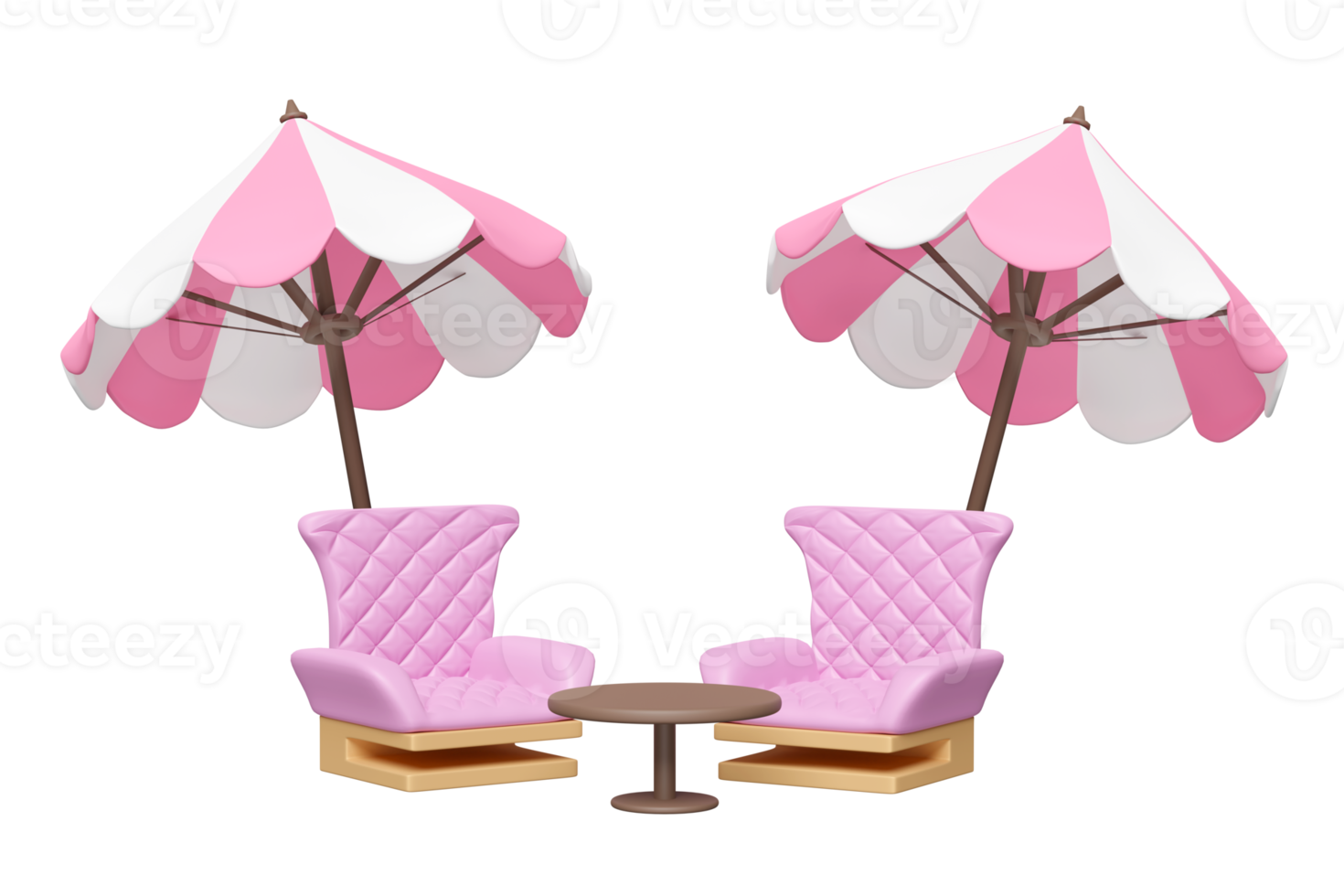 coffee table toy with pink umbrella or parasol, sofa chair isolated. 3d illustration or 3d render png