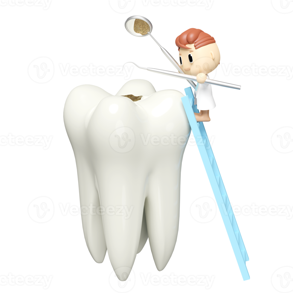 3d miniature cartoon character dentist with dentist mirror, sickle scaler isolated. check for cavities, dental examination of the dentist, health of white teeth, oral care 3d render png