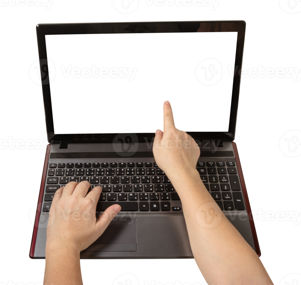 person hand with forefinger pointing at laptop screen isolated png