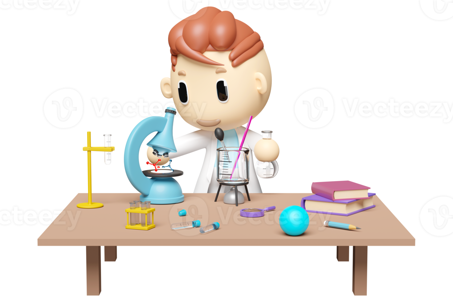 3d miniature cartoon boy character hand hold test tube with science experiment kit, microscope, desk in lab isolated. room innovative education concept, 3d render illustration png