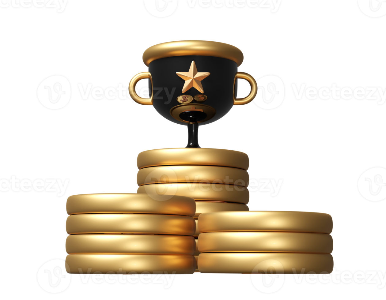 d'oro campione tazza o trofei con oro dollaro monete pile isolato. finanziario successo concetto, 3d rendere illustrazione png