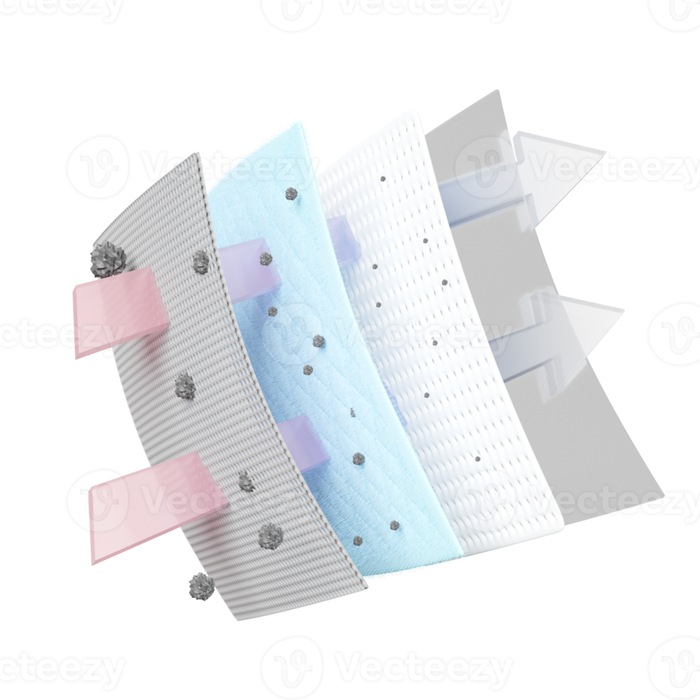 3d air filter layer and ventilate shows, dust filter layer for face mask, air purifier, prevents vapors and odors from chemicals, virus, isolated. 3d render illustration png