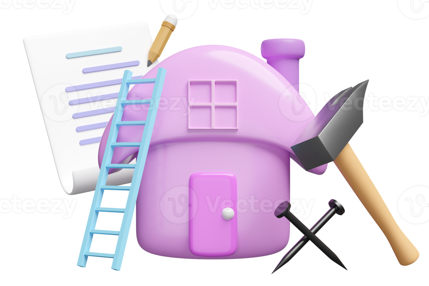 3d house toy with clipboard, pencil, checklist, hammer, nail, ladder or stairs isolated. repair maintenance concept, 3d render illustration png