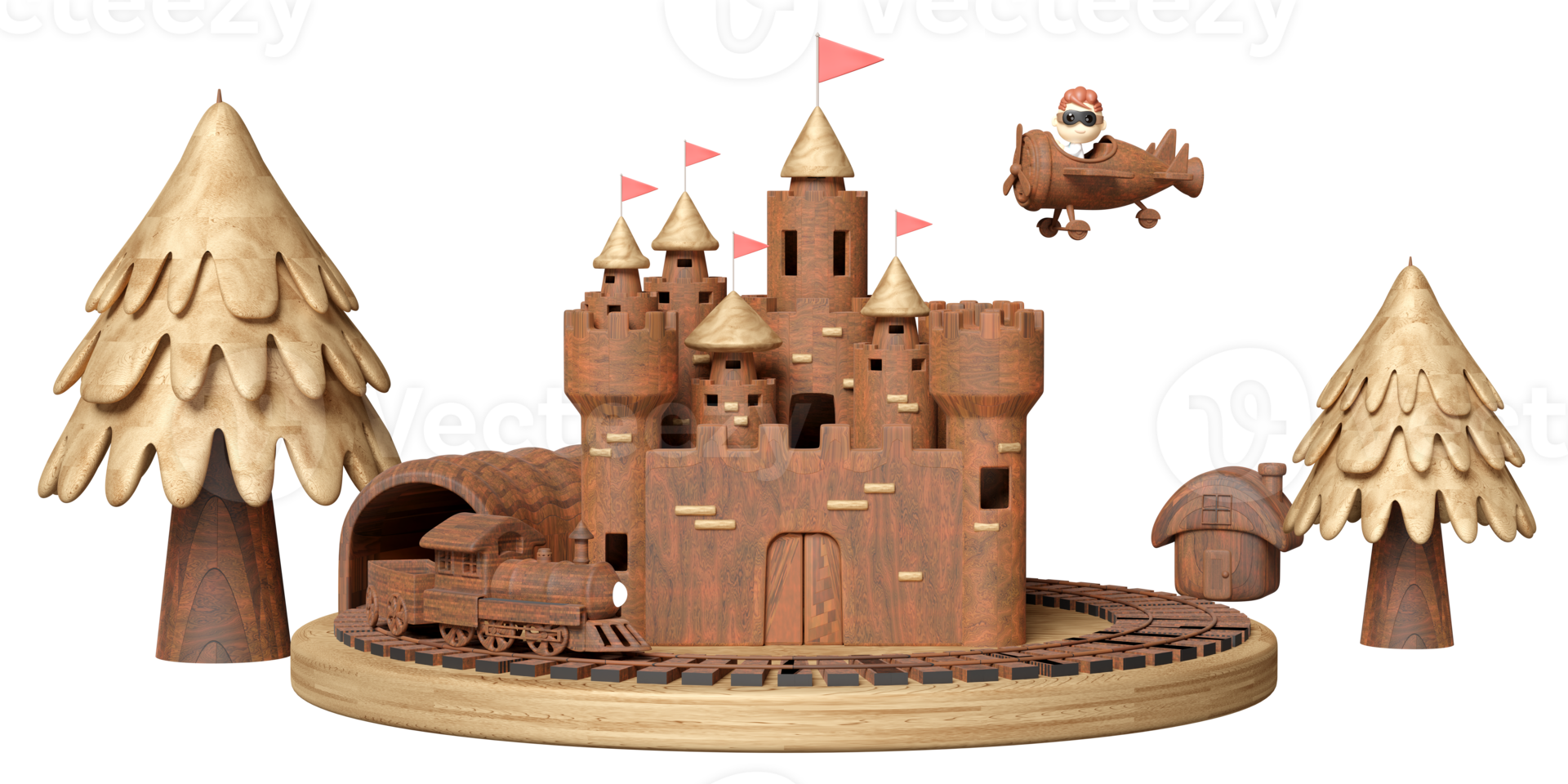 3d wooden amusement park toy concept with pilot, propeller plane, locomotive, railroad tracks, landscape, castle, towers isolated. 3d render illustration png