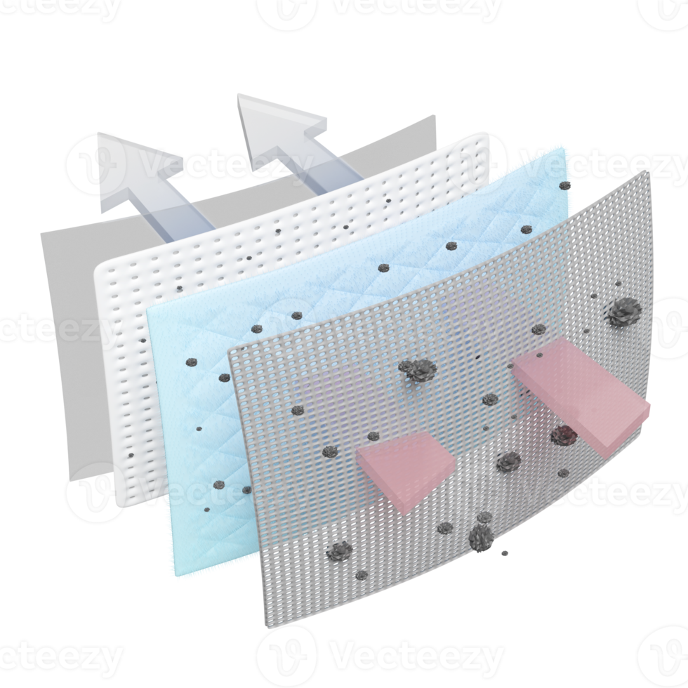 air filter layer and ventilate shows 3d, dust filter layer for face mask, air purifier, prevents vapors and odors from chemicals, virus, 3d render illustration png