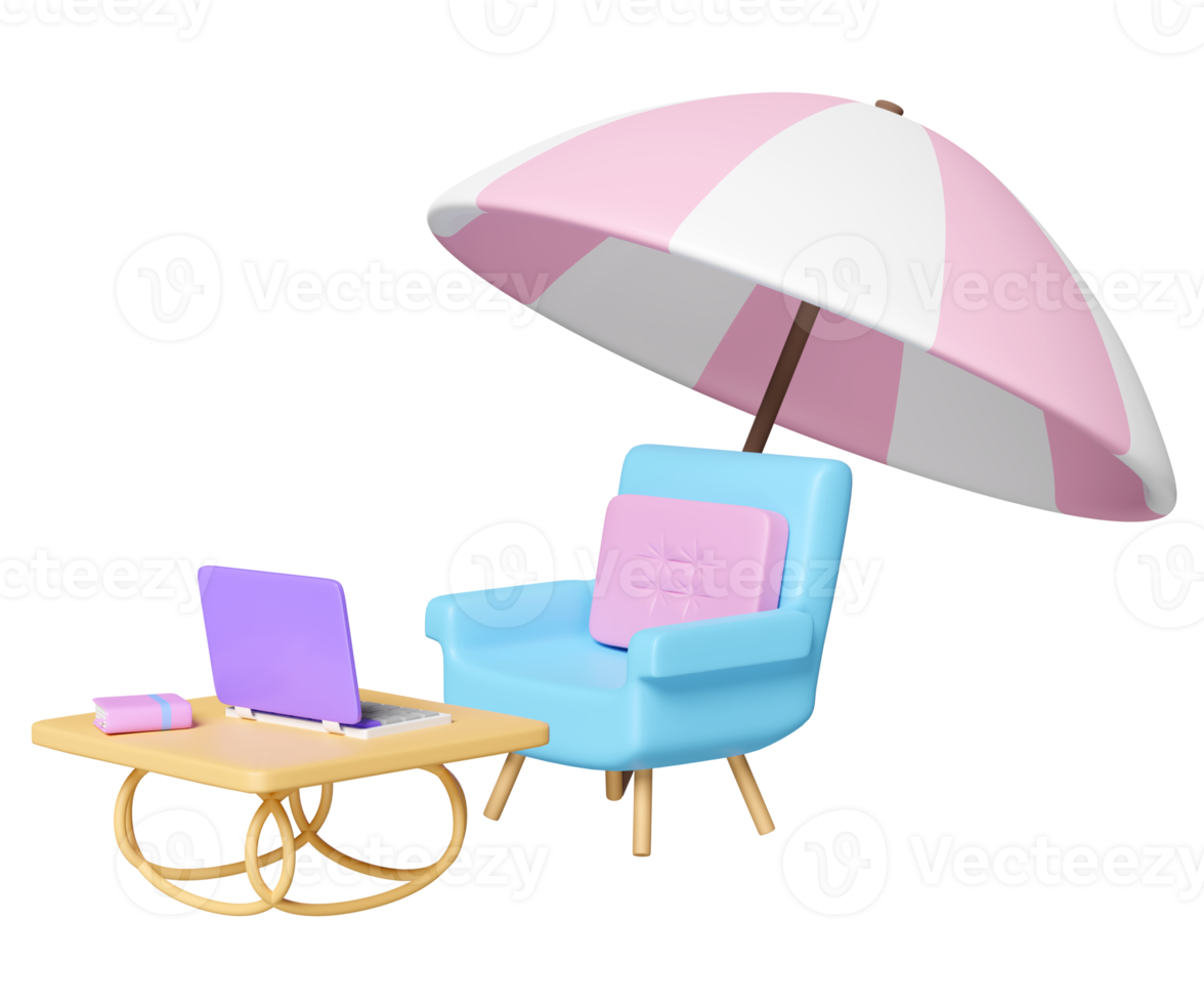 3d coffee table with book, sofa chair, laptop computer, umbrella isolated. summer vacation concept, 3d render illustration png
