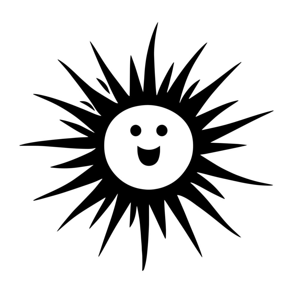 Hand drawn happy smile sun isolated on white background. Vector illustration, doodle style