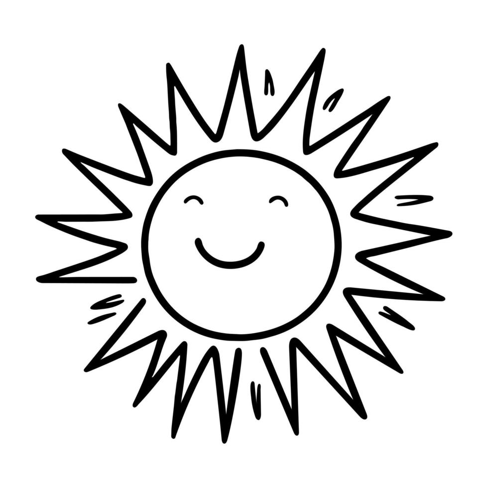 Hand drawn happy smile sun isolated on white background. Vector illustration, doodle style.