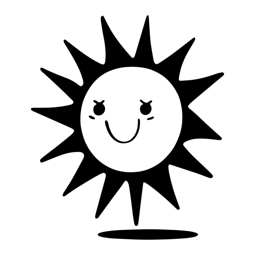 Hand drawn happy smile sun isolated on white background. Vector illustration, doodle style.