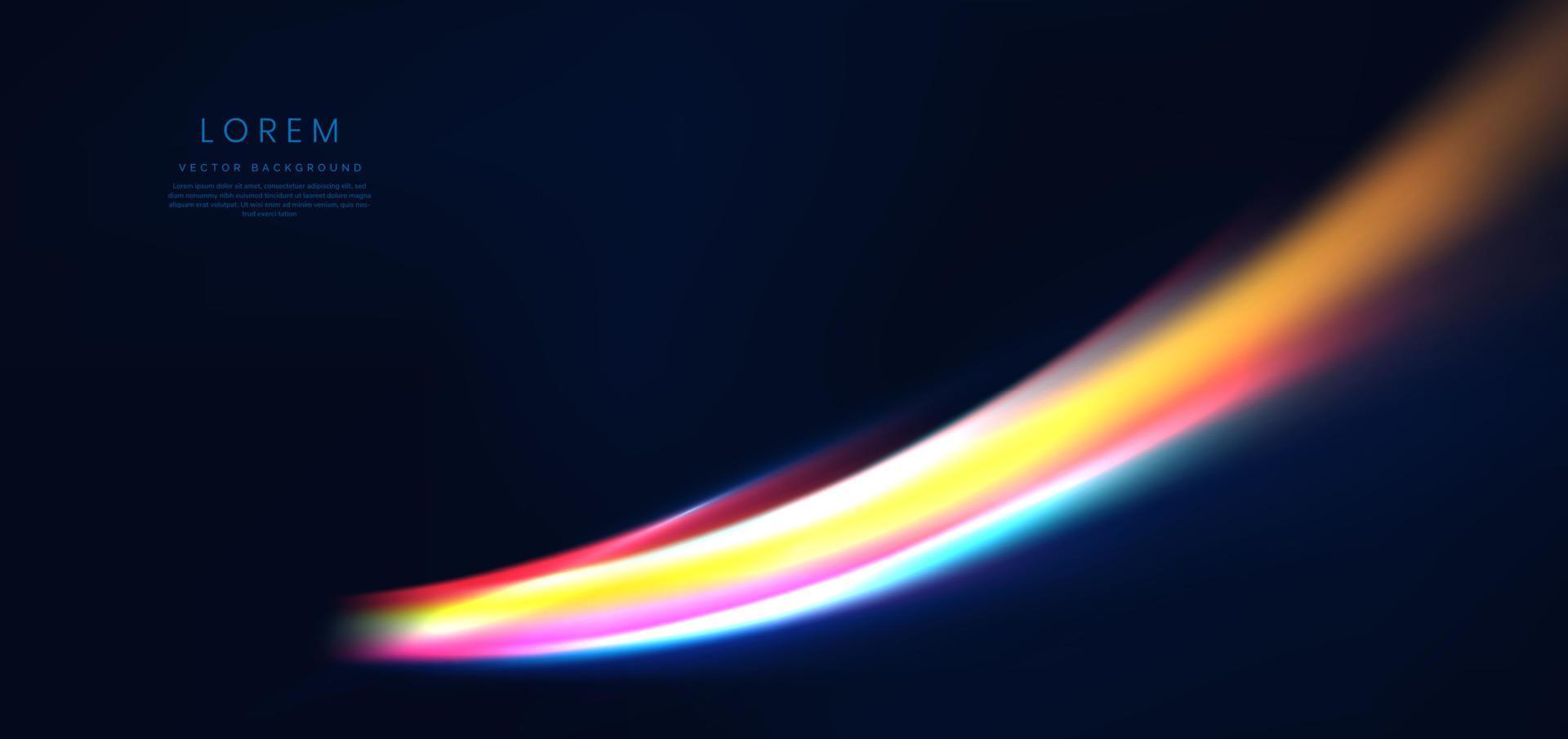 Abstract futuristic neon light curved red, blue, yellow and pink on dark blue background. vector